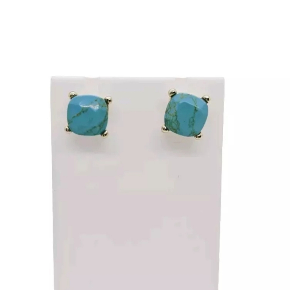 Turquoise Colored Women's Earrings Square Studs Faux Stone Gold Tone Western